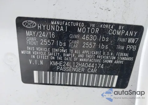 2017 Hyundai Sonata Hybrid Se z USA, uszkodzony, nr VIN KMHE24L12HA044174